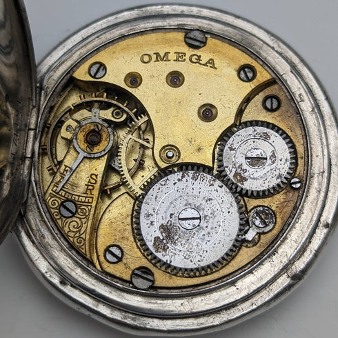 Around 1910 Antique Omega pocket watch Flower engraving Silver side hunter case Works well